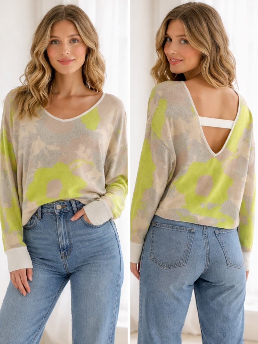 Floral Print V-Neck Sweater in Lime & Beige